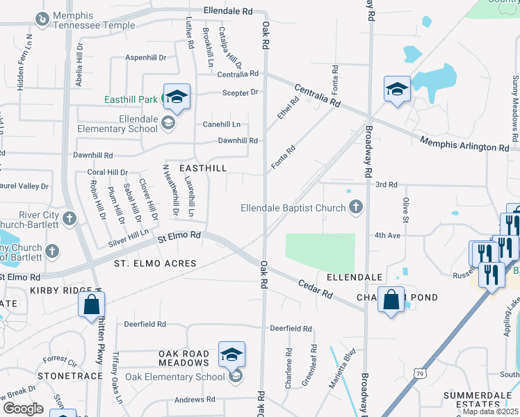 map of restaurants, bars, coffee shops, grocery stores, and more near 3883 Oak Road in Memphis