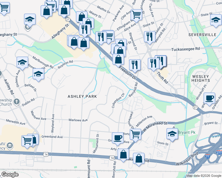 map of restaurants, bars, coffee shops, grocery stores, and more near 2627 Columbus Circle in Charlotte
