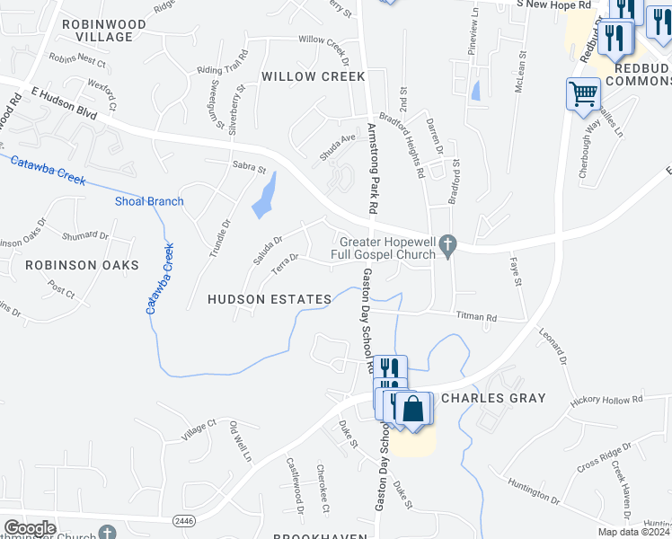 map of restaurants, bars, coffee shops, grocery stores, and more near 2633 Terra Drive in Gastonia