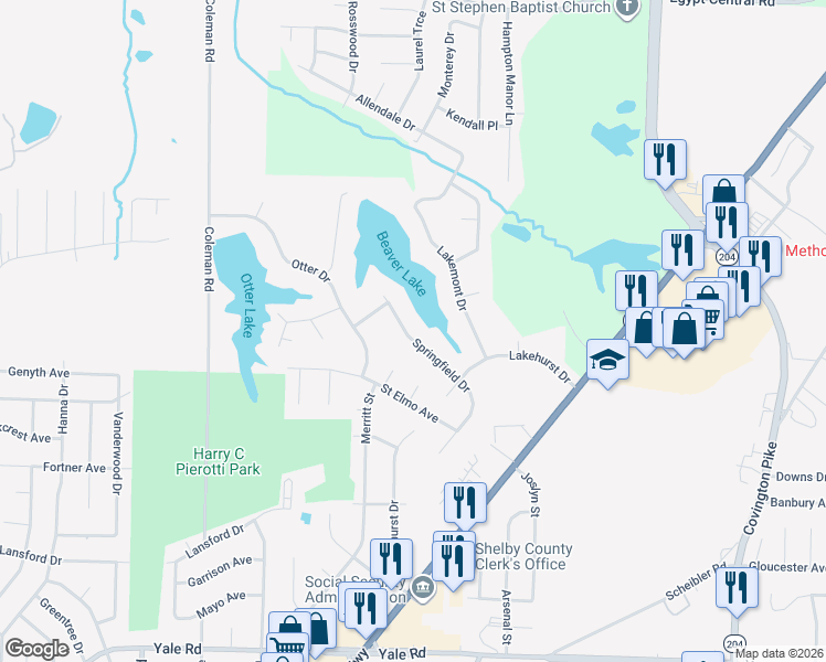 map of restaurants, bars, coffee shops, grocery stores, and more near 3878 Springfield Drive in Memphis