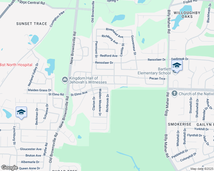 map of restaurants, bars, coffee shops, grocery stores, and more near 5673 Morning Flower Drive in Bartlett