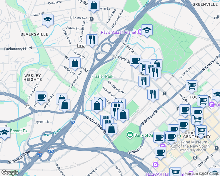 map of restaurants, bars, coffee shops, grocery stores, and more near 945 Westbrook Drive in Charlotte