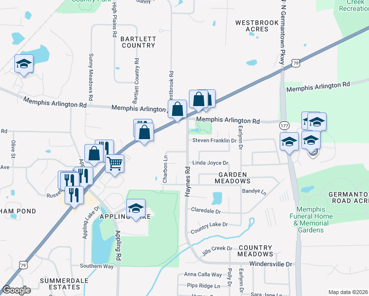 map of restaurants, bars, coffee shops, grocery stores, and more near 7828 Chaney Lane in Bartlett