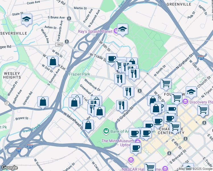 map of restaurants, bars, coffee shops, grocery stores, and more near 228 South Clarkson Street in Charlotte