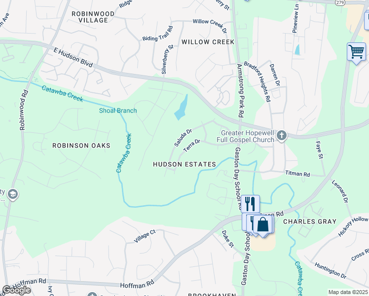 map of restaurants, bars, coffee shops, grocery stores, and more near 2546 Terra Drive in Gastonia