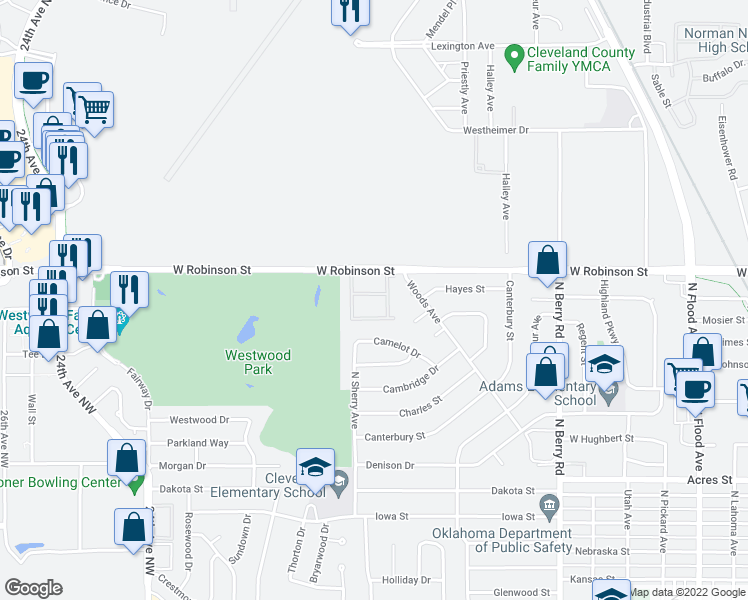 map of restaurants, bars, coffee shops, grocery stores, and more near 1720 West Robinson Street in Norman