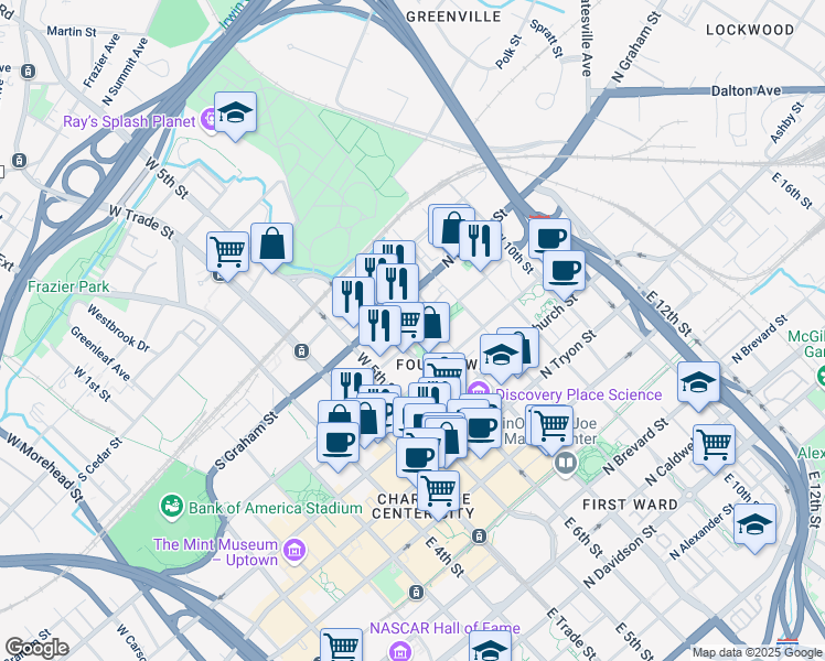 map of restaurants, bars, coffee shops, grocery stores, and more near 405 West 7th Street in Charlotte