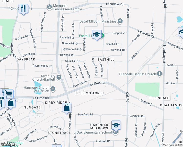 map of restaurants, bars, coffee shops, grocery stores, and more near 6929 Areka Hill Cove in Bartlett