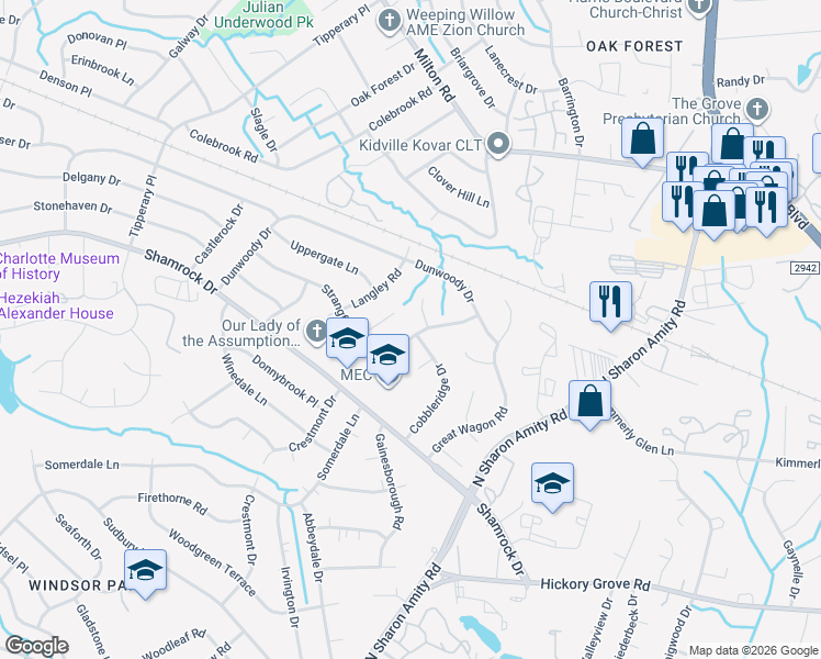 map of restaurants, bars, coffee shops, grocery stores, and more near 4431 Strangford Avenue in Charlotte