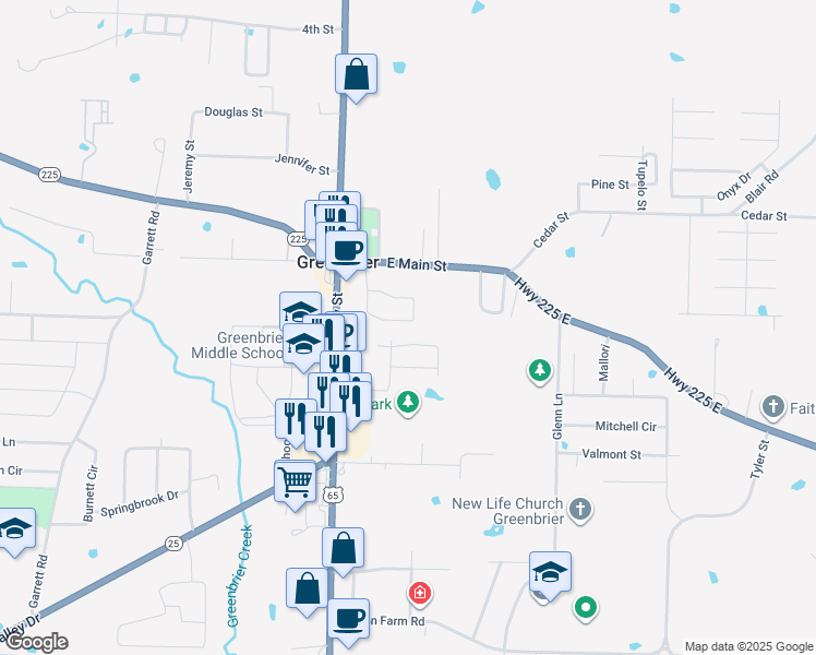 map of restaurants, bars, coffee shops, grocery stores, and more near 16 Dana Drive in Greenbrier