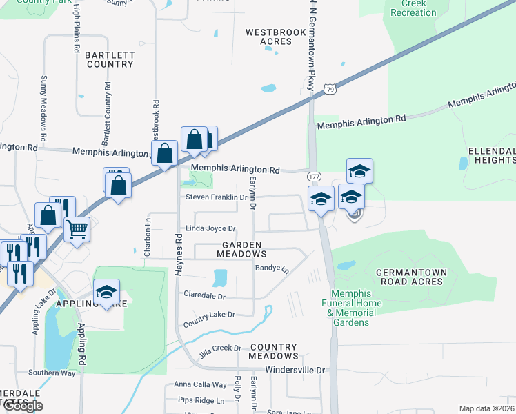 map of restaurants, bars, coffee shops, grocery stores, and more near 3893 Earlynn Drive in Bartlett