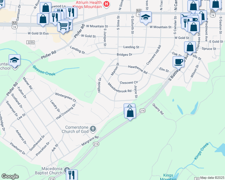 map of restaurants, bars, coffee shops, grocery stores, and more near 803 Meadowbrook Road in Kings Mountain