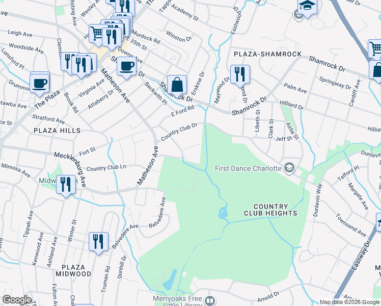 map of restaurants, bars, coffee shops, grocery stores, and more near 3120 Loma Lane in Charlotte