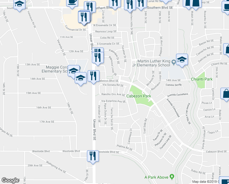 map of restaurants, bars, coffee shops, grocery stores, and more near 1516 Luz De Sol Drive Southeast in Rio Rancho