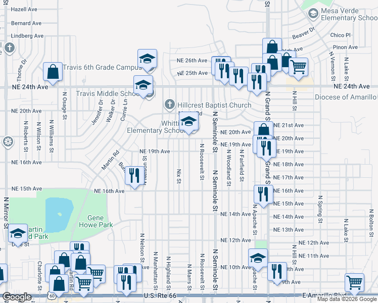 map of restaurants, bars, coffee shops, grocery stores, and more near 3101 Northeast 19th Avenue in Amarillo