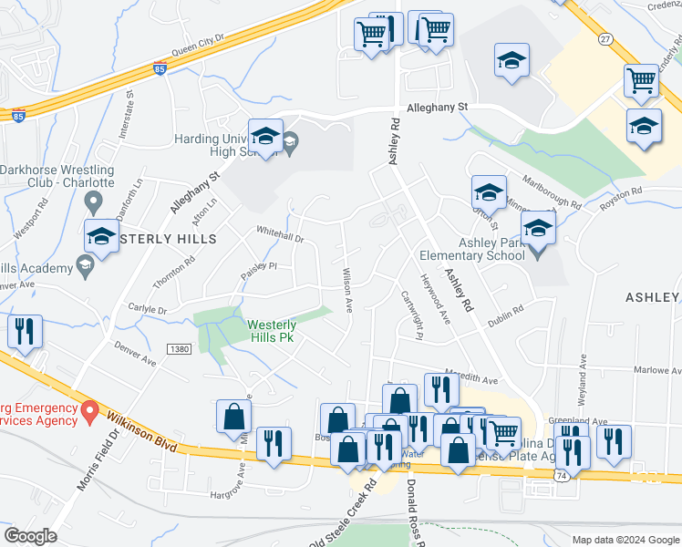map of restaurants, bars, coffee shops, grocery stores, and more near 2120 Wilson Avenue in Charlotte