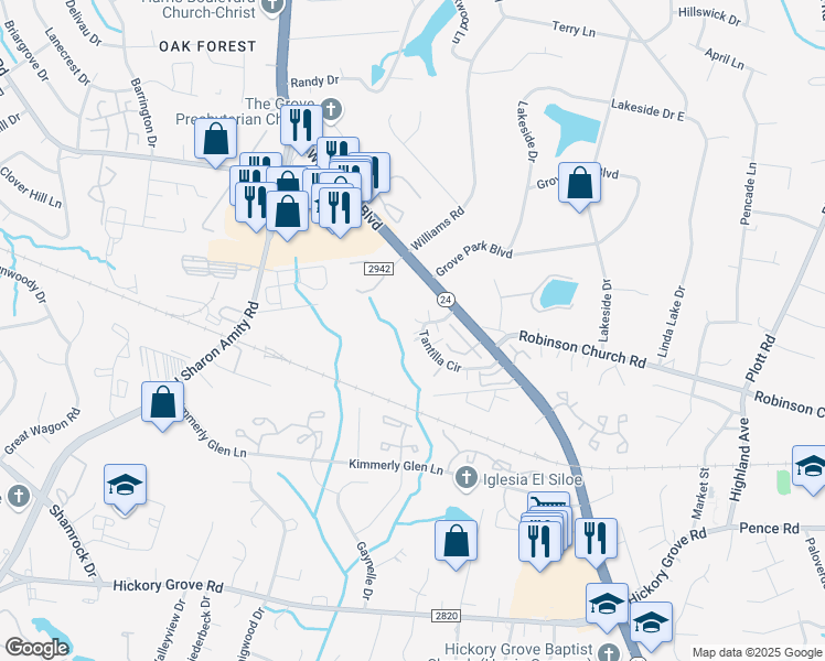 map of restaurants, bars, coffee shops, grocery stores, and more near 4400 Tantilla Circle in Charlotte