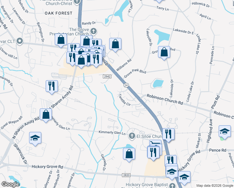 map of restaurants, bars, coffee shops, grocery stores, and more near 4400 Tantilla Circle in Charlotte