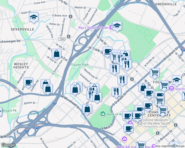map of restaurants, bars, coffee shops, grocery stores, and more near in Charlotte