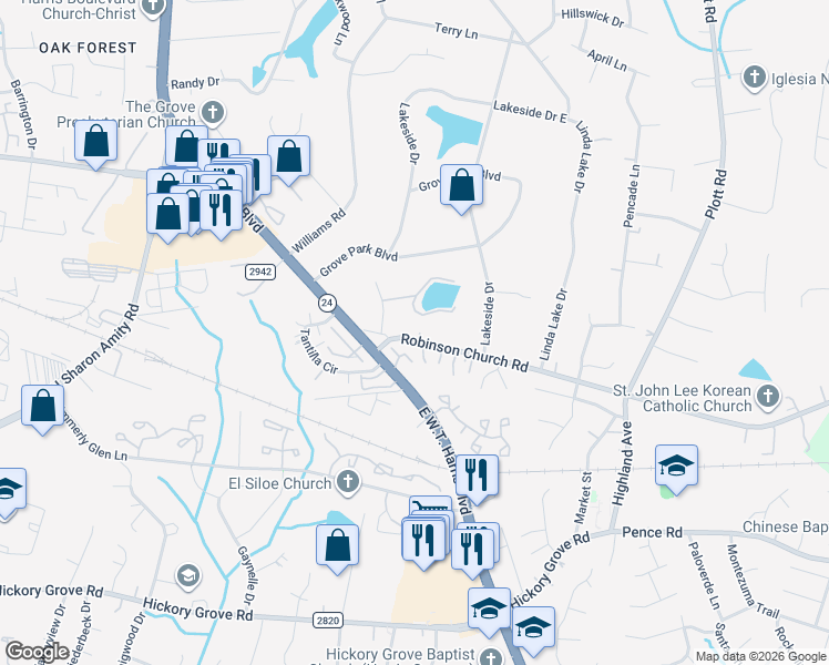 map of restaurants, bars, coffee shops, grocery stores, and more near 6211 Robinson Church Road in Charlotte