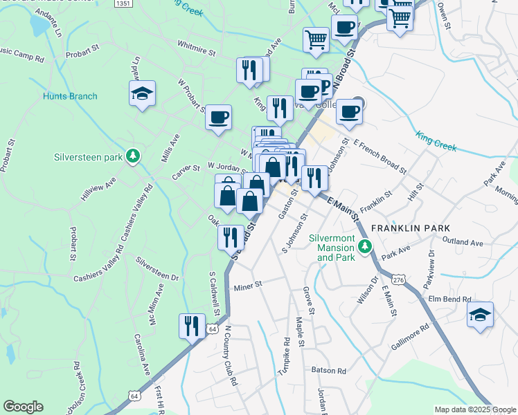 map of restaurants, bars, coffee shops, grocery stores, and more near 150 South Broad Street in Brevard