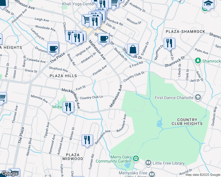 map of restaurants, bars, coffee shops, grocery stores, and more near 3218 Maymont Place in Charlotte
