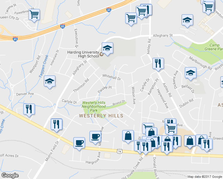 map of restaurants, bars, coffee shops, grocery stores, and more near 3913 Paisley Place in Charlotte