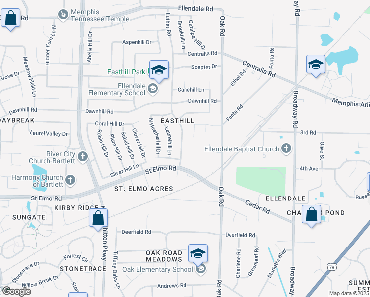map of restaurants, bars, coffee shops, grocery stores, and more near 3892 Luther Road in Bartlett