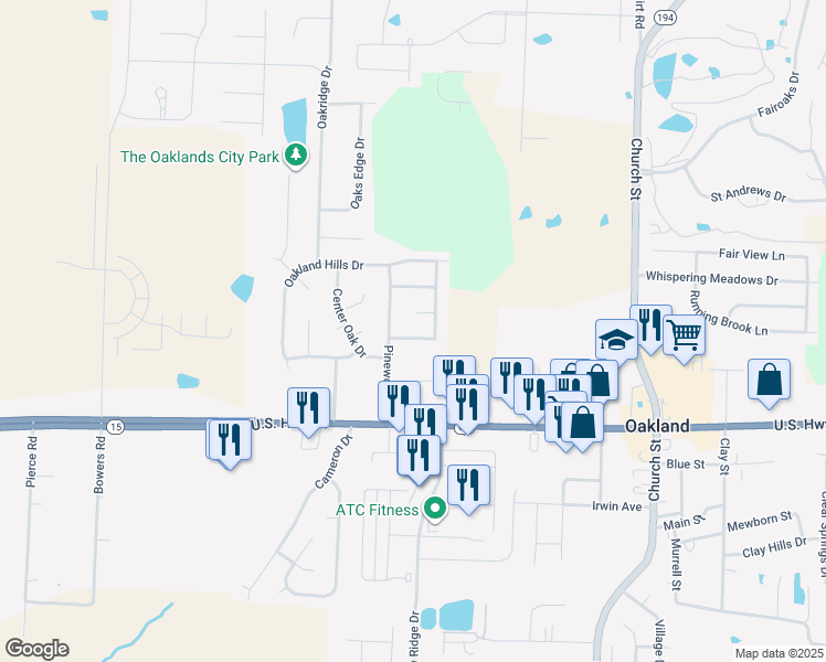 map of restaurants, bars, coffee shops, grocery stores, and more near 180 Pine Ridge Ln in Oakland