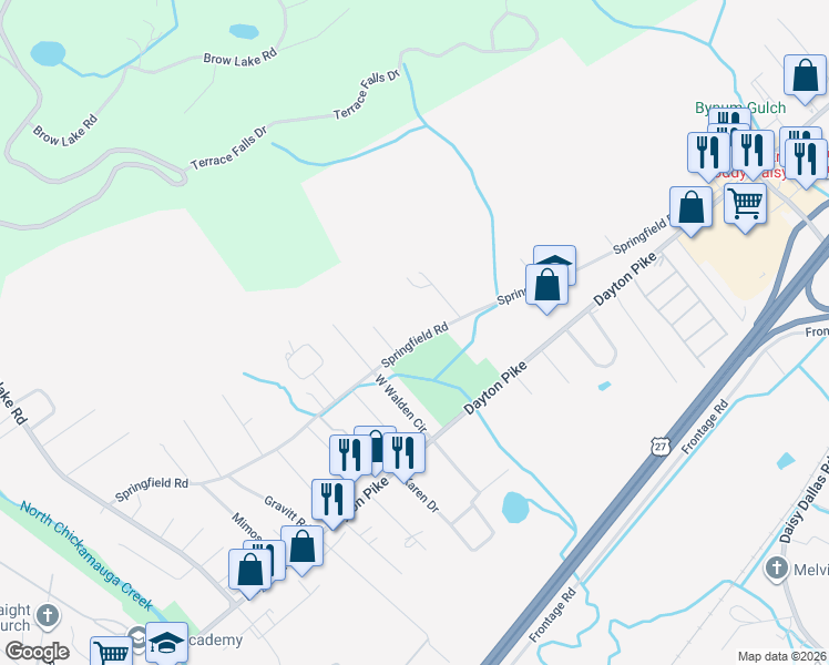 map of restaurants, bars, coffee shops, grocery stores, and more near 9021 Springfield Road in Soddy-Daisy