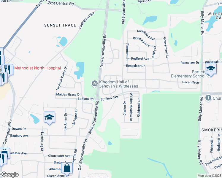 map of restaurants, bars, coffee shops, grocery stores, and more near 3894 Moss Bank Cove in Bartlett