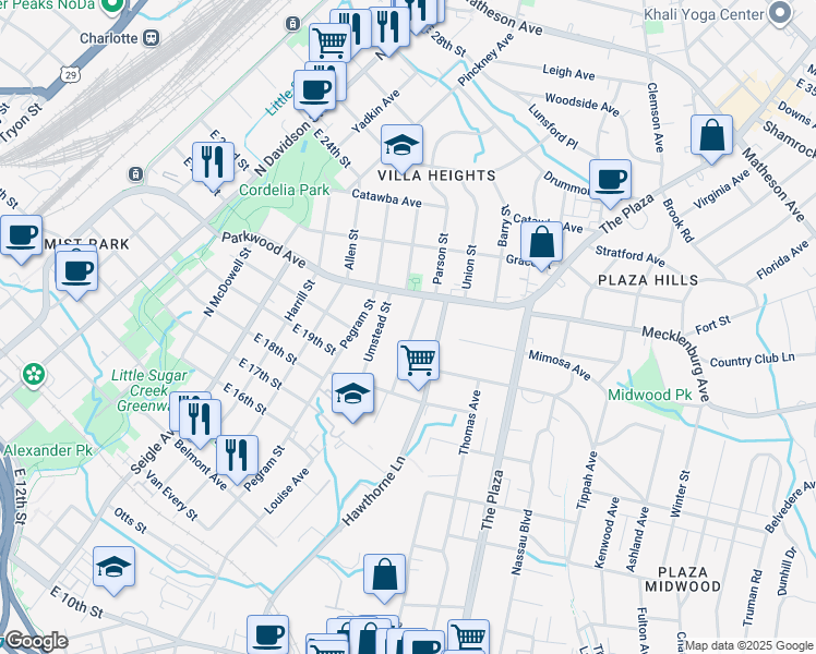 map of restaurants, bars, coffee shops, grocery stores, and more near 1717 Parson Street in Charlotte