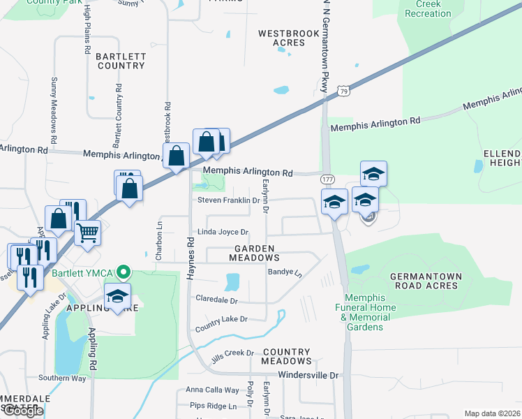 map of restaurants, bars, coffee shops, grocery stores, and more near 3893 Earlynn Drive in Bartlett
