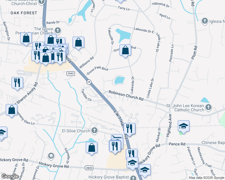 map of restaurants, bars, coffee shops, grocery stores, and more near 6211 Robinson Church Road in Charlotte