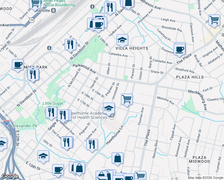map of restaurants, bars, coffee shops, grocery stores, and more near in Charlotte
