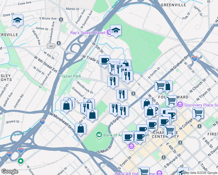 map of restaurants, bars, coffee shops, grocery stores, and more near in Charlotte