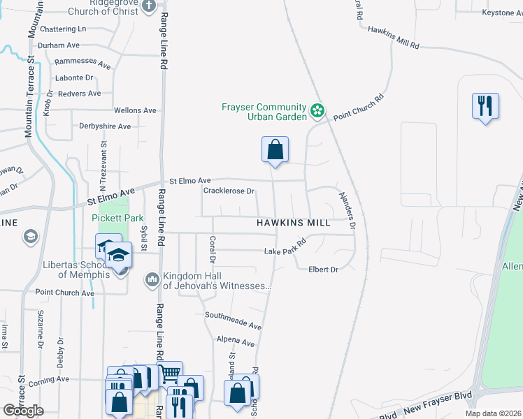 map of restaurants, bars, coffee shops, grocery stores, and more near 3899 Votive Drive in Memphis