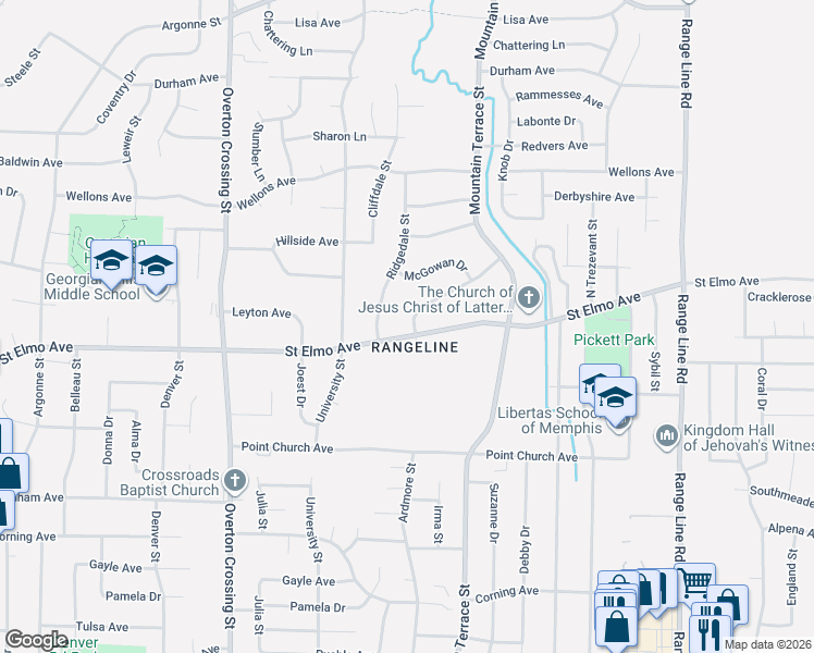 map of restaurants, bars, coffee shops, grocery stores, and more near 2328 Saint Elmo Avenue in Memphis