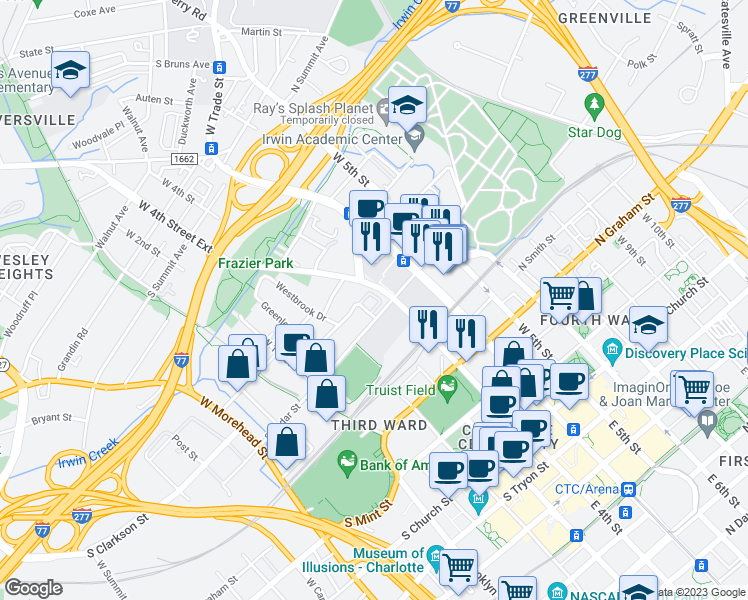 map of restaurants, bars, coffee shops, grocery stores, and more near 813 West 4th Street in Charlotte