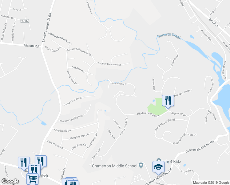 map of restaurants, bars, coffee shops, grocery stores, and more near 113 Flatrock Pastures in Cramerton