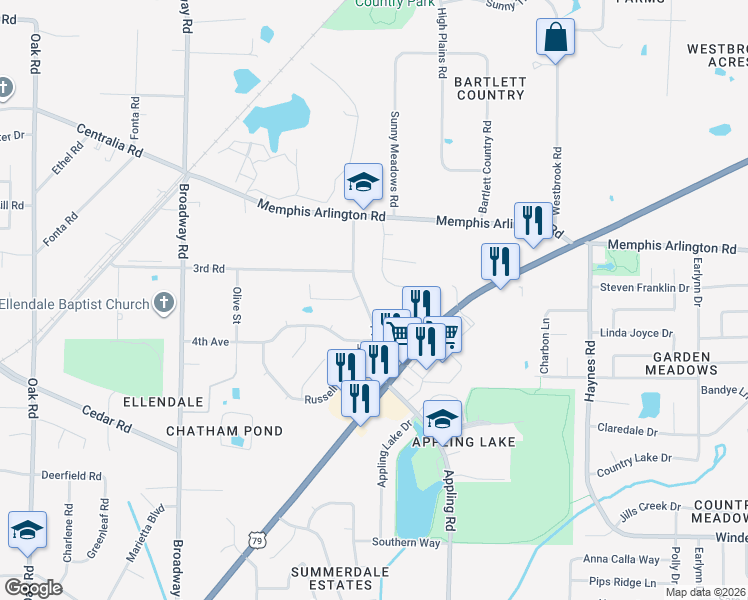 map of restaurants, bars, coffee shops, grocery stores, and more near 3880 Appling Road in Bartlett