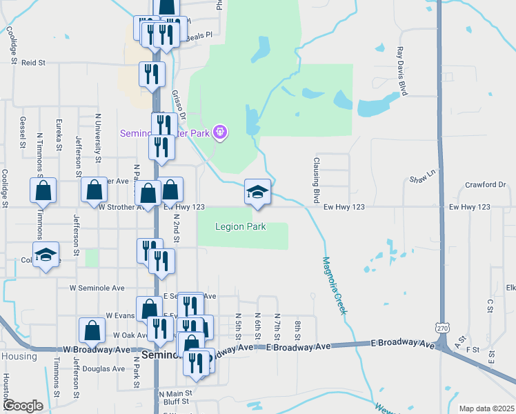 map of restaurants, bars, coffee shops, grocery stores, and more near 301 Ew Highway 123 in Seminole