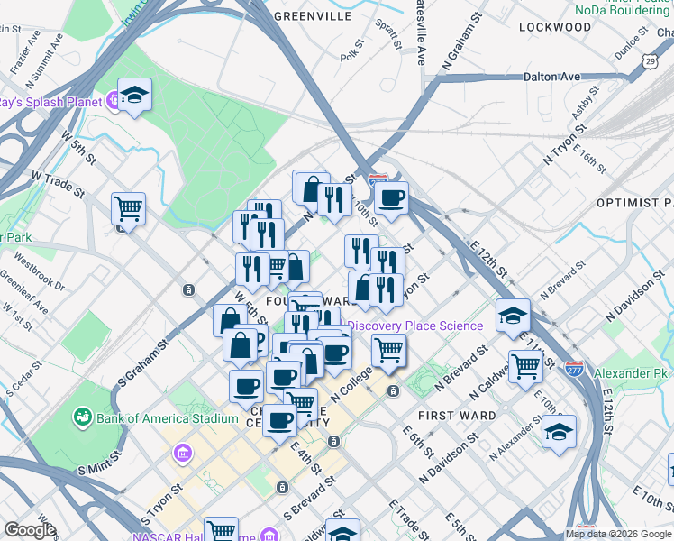 map of restaurants, bars, coffee shops, grocery stores, and more near North Poplar Street & West 8th Street in Charlotte
