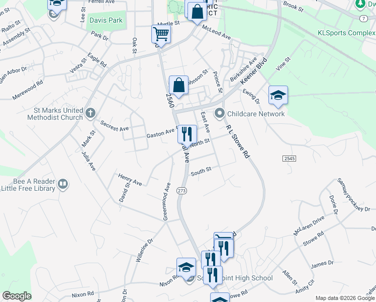 map of restaurants, bars, coffee shops, grocery stores, and more near 503 South Central Avenue in Belmont
