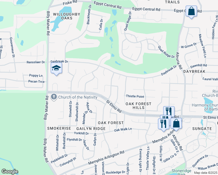 map of restaurants, bars, coffee shops, grocery stores, and more near 3891 Oak Forest Drive in Bartlett