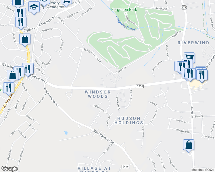 map of restaurants, bars, coffee shops, grocery stores, and more near 2228 Windsor Woods Drive in Gastonia