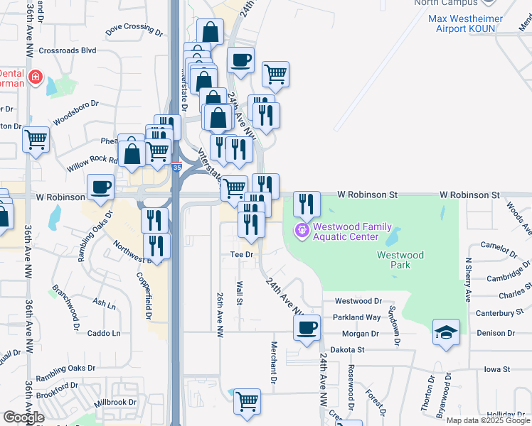 map of restaurants, bars, coffee shops, grocery stores, and more near 24TH Northcrest Drive in Norman