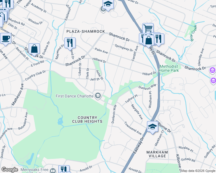 map of restaurants, bars, coffee shops, grocery stores, and more near 3114 Airlie Street in Charlotte