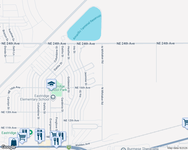 map of restaurants, bars, coffee shops, grocery stores, and more near 6712 Blissful Lane in Amarillo