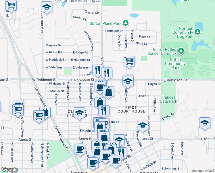 map of restaurants, bars, coffee shops, grocery stores, and more near 1125 North Porter Avenue in Norman